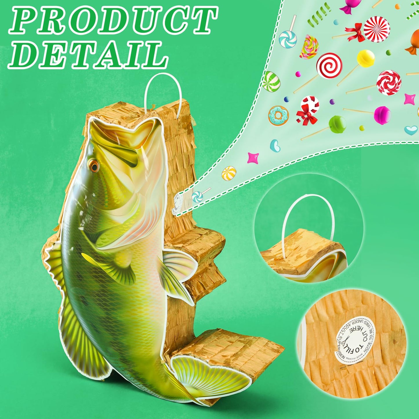 Glimin Fish Pinata Fishing Game - Ocean Theme Party Supplies with Stick, Bat, Blindfold, Confetti - Brown, Green, Blue
