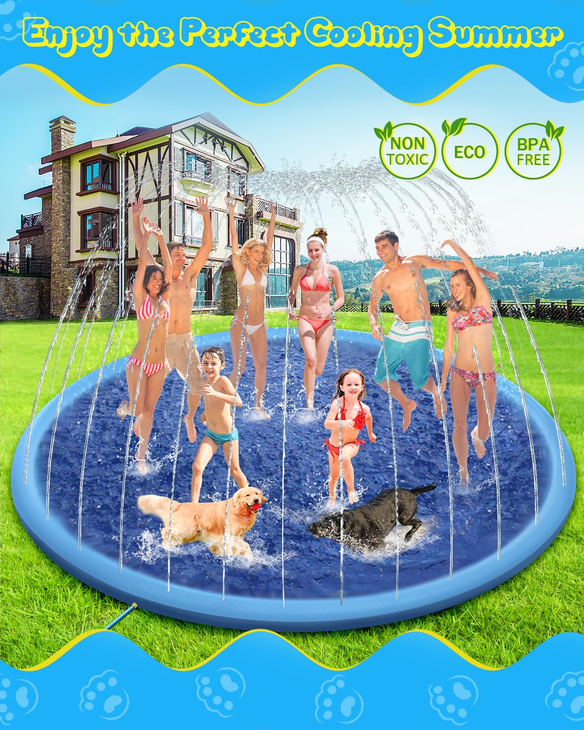 Raxurt Splash Pad For Kids And Dogs, 197'' Super Large Anti-Slip Splash Sprinkler Pad For Baby Toddler, Thicken Splash Pad Dog P