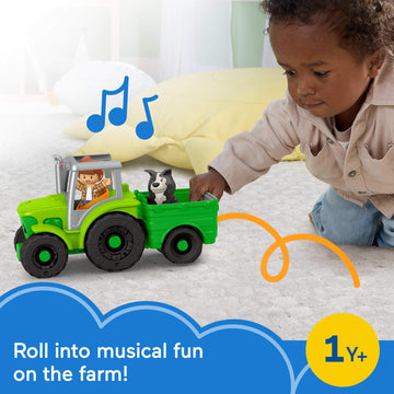 Fisher-Price Little People Toddler Toy Push & Play Tractor Push-Along Musical Farm Vehicle With 2 Figures For Pretend Play Kids
