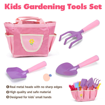 Cute Stone Kids Gardening Set, Garden Toys With Metal Kids Rake, Shovel, Trowel, Watering Can, Gloves, Tote Bag, Gardening Kit F