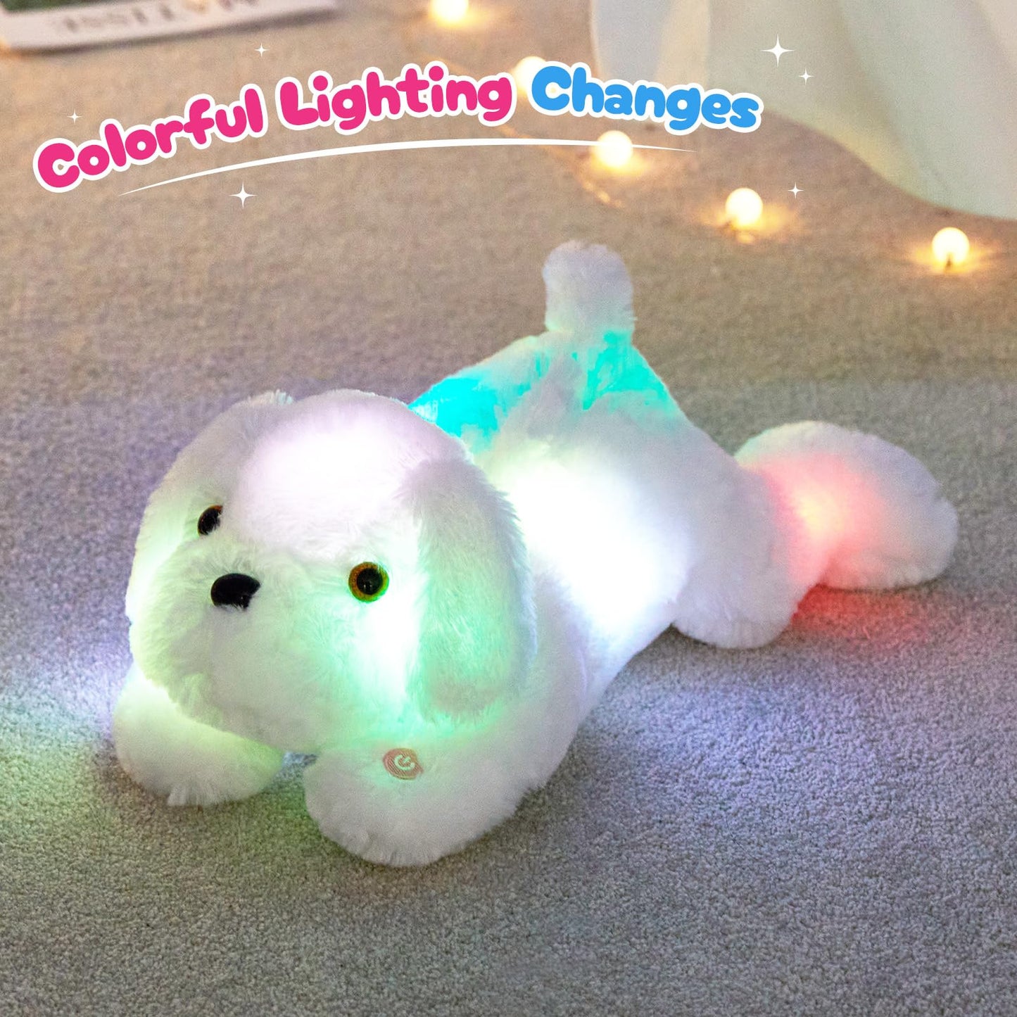Wewill 18'' Light Up White Puppy Dog Led Stuffed Animal With Colorful Night Light Glow Soft Plush Toy Gifts For Kids On Christmas Birthday