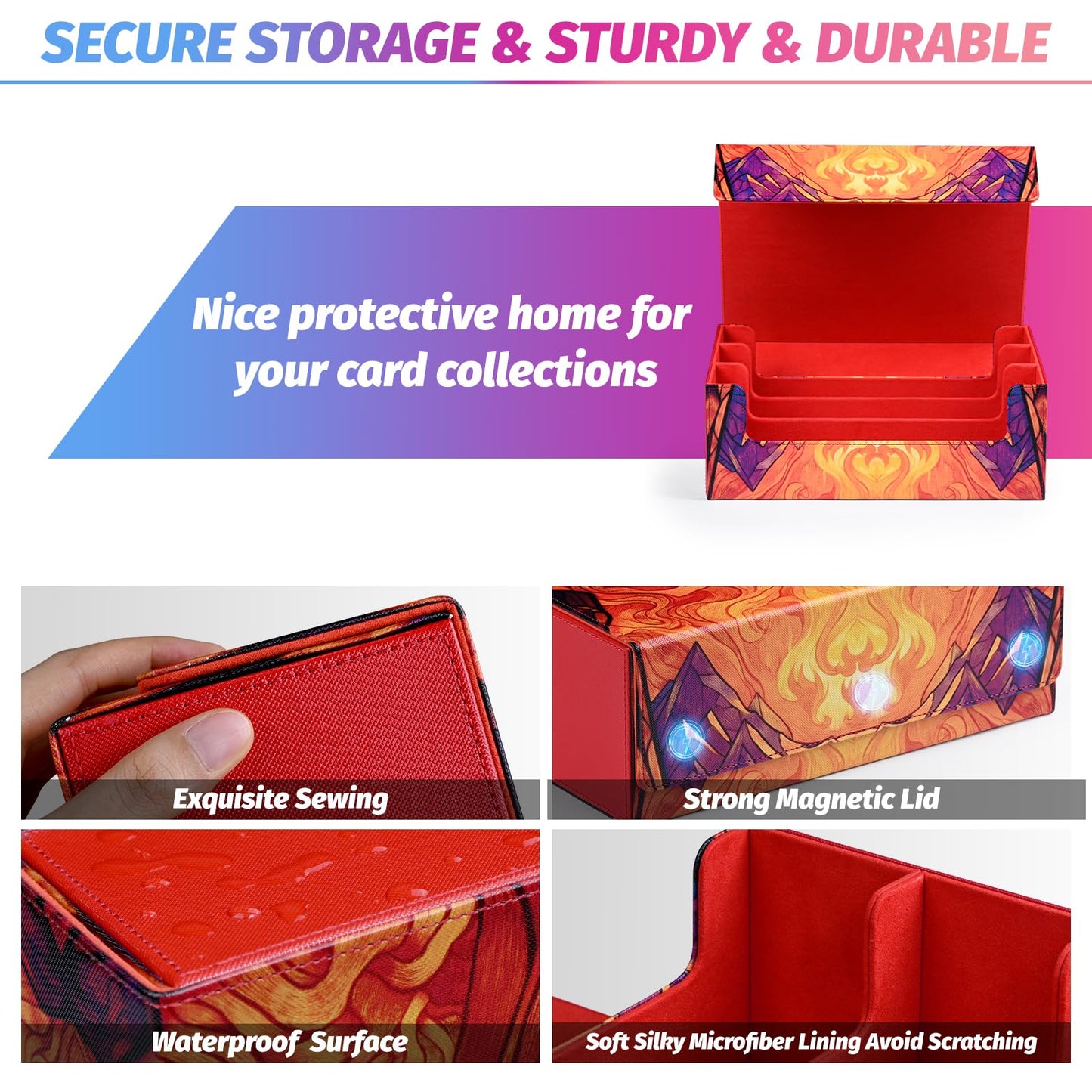 Uaono Card Storage Box For Mtg, Trading Card Deck Box Holds 1800+ With 6 Dividers, Leather Printing Magnetic Closure Card Storage Case Fits Tcg Ccg Sports Cards (Red, Flame)