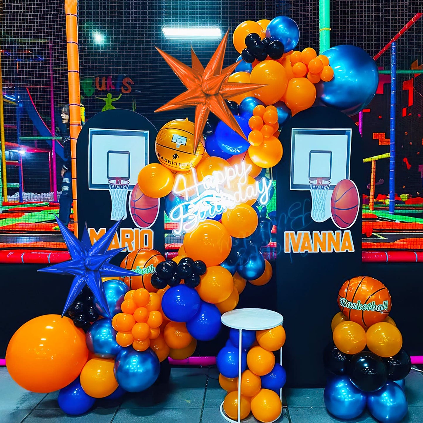 Kozee Orange Blue Black Basketball Balloon Garland Kit 135Pcs With 4D Starburst Basketball Balloons For Boy&Girl Sport Theme Par