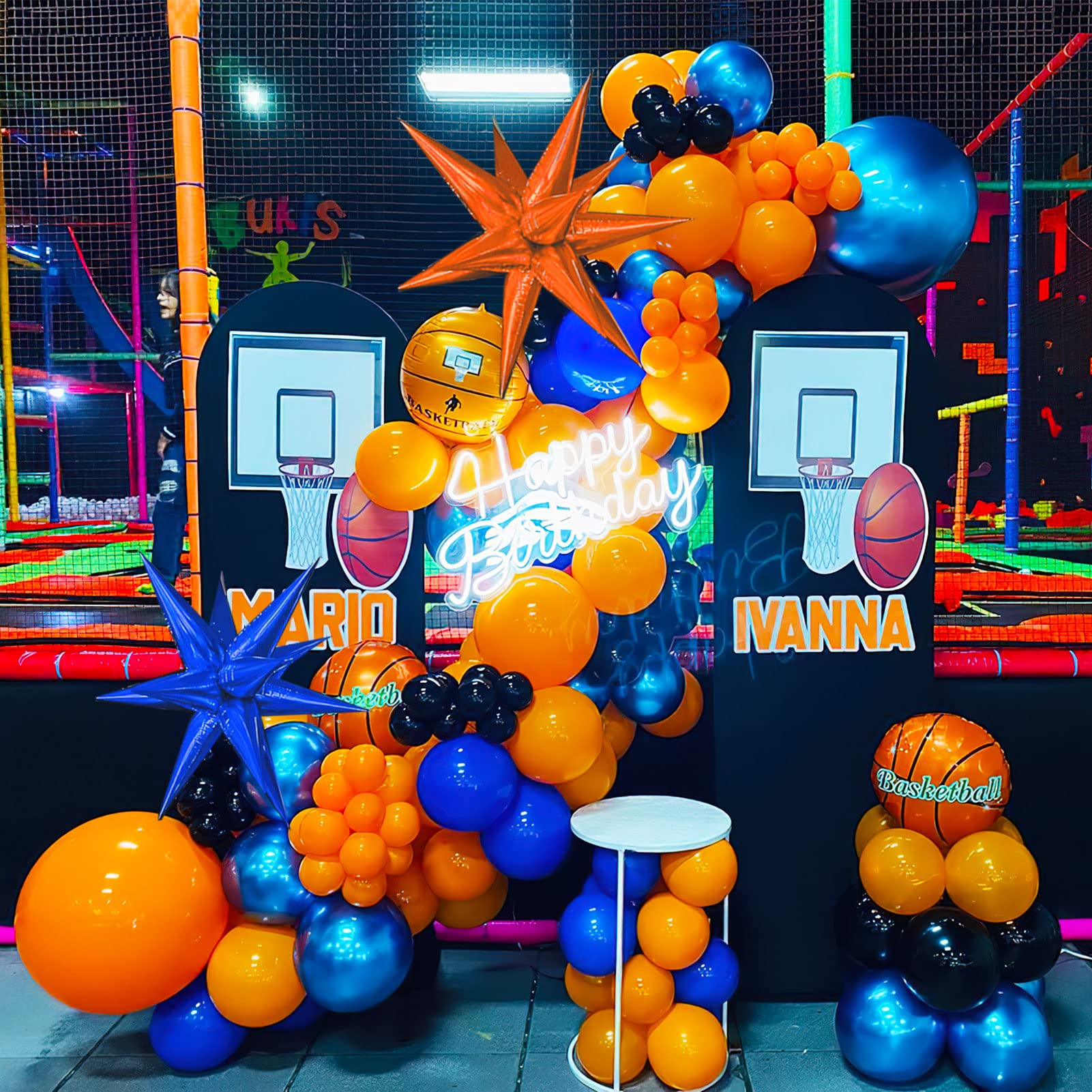Kozee Orange Blue Black Basketball Balloon Garland Kit 135Pcs With 4D Starburst Basketball Balloons For Boy&Girl Sport Theme Par