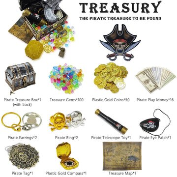 177 Pieces Kids Pirate Treasure Chest Treasure Hunt Kit Lockable Vintage Pirate Treasure Chest Toy Set Gold Plastic Compass Pira