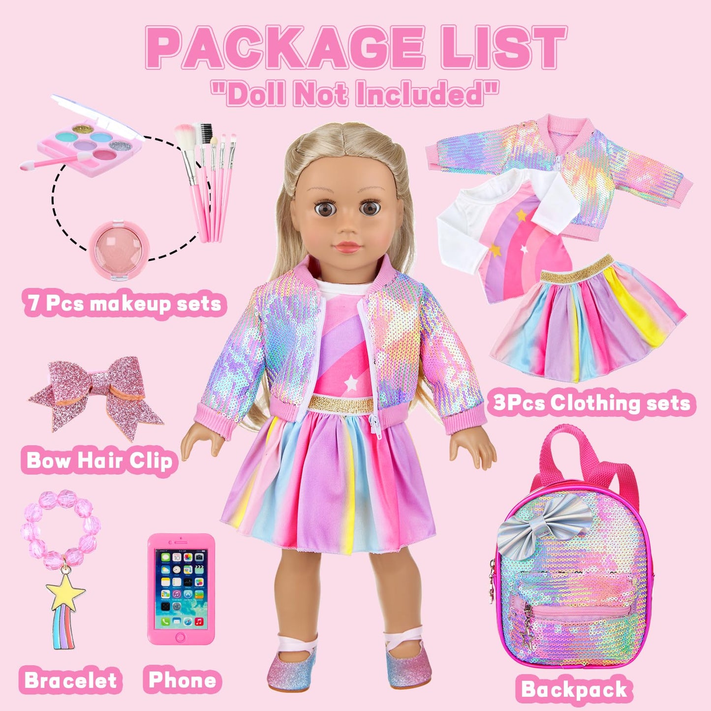 Unicorn Element American 18 Inch Doll Clothes And Accessories Makeup Playset Include 18 Inch Doll Clothes, Skirt, Backpack, Bracelet, Hair Clip, Phone And Makeup Sets(No Doll And Shoes)
