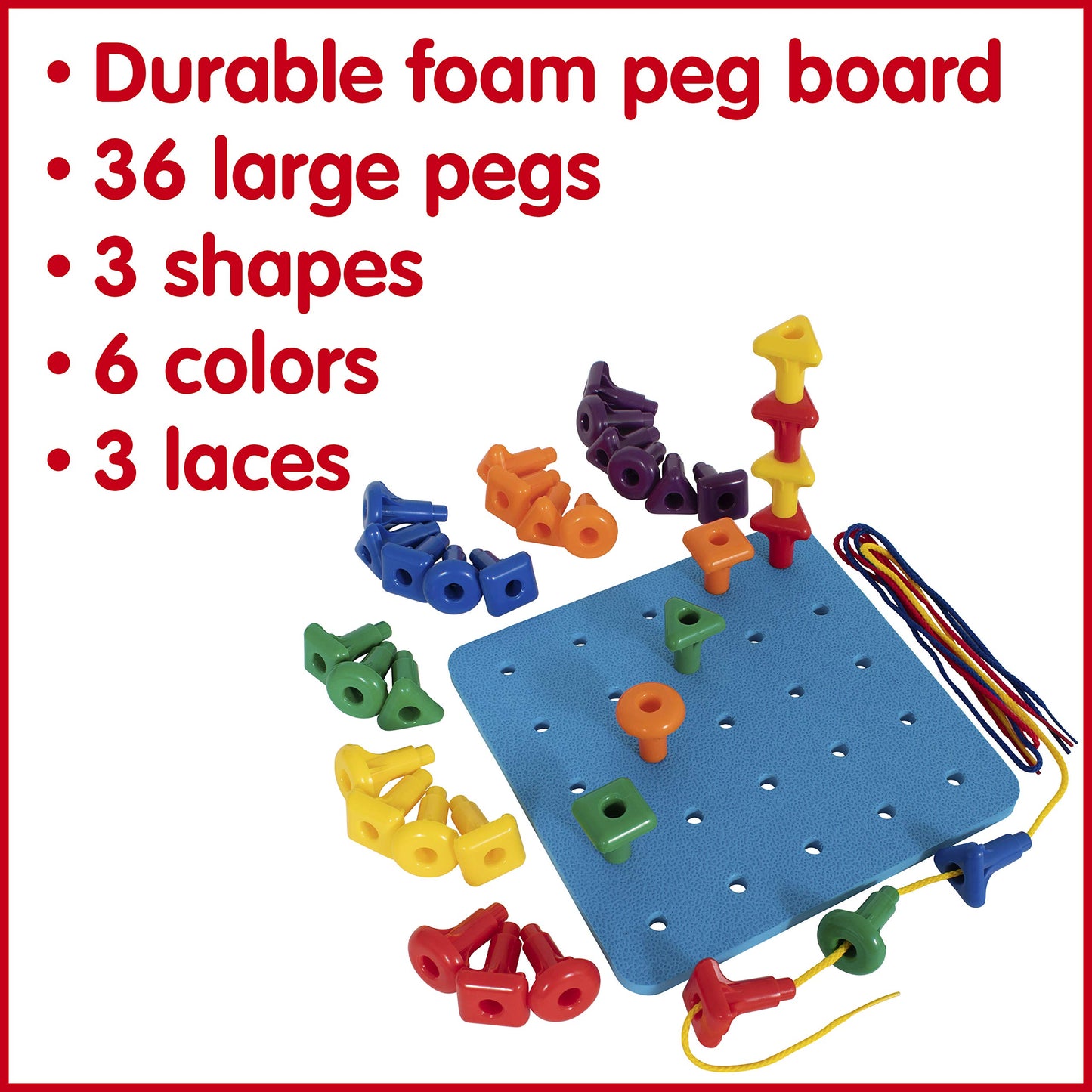 Edxeducation Geo Pegs And Peg Board Set - 36 Pegs In 3 Shapes And 6 Colors + 3 Laces - Ages 18M+ - Homeschool Supplies For Presc