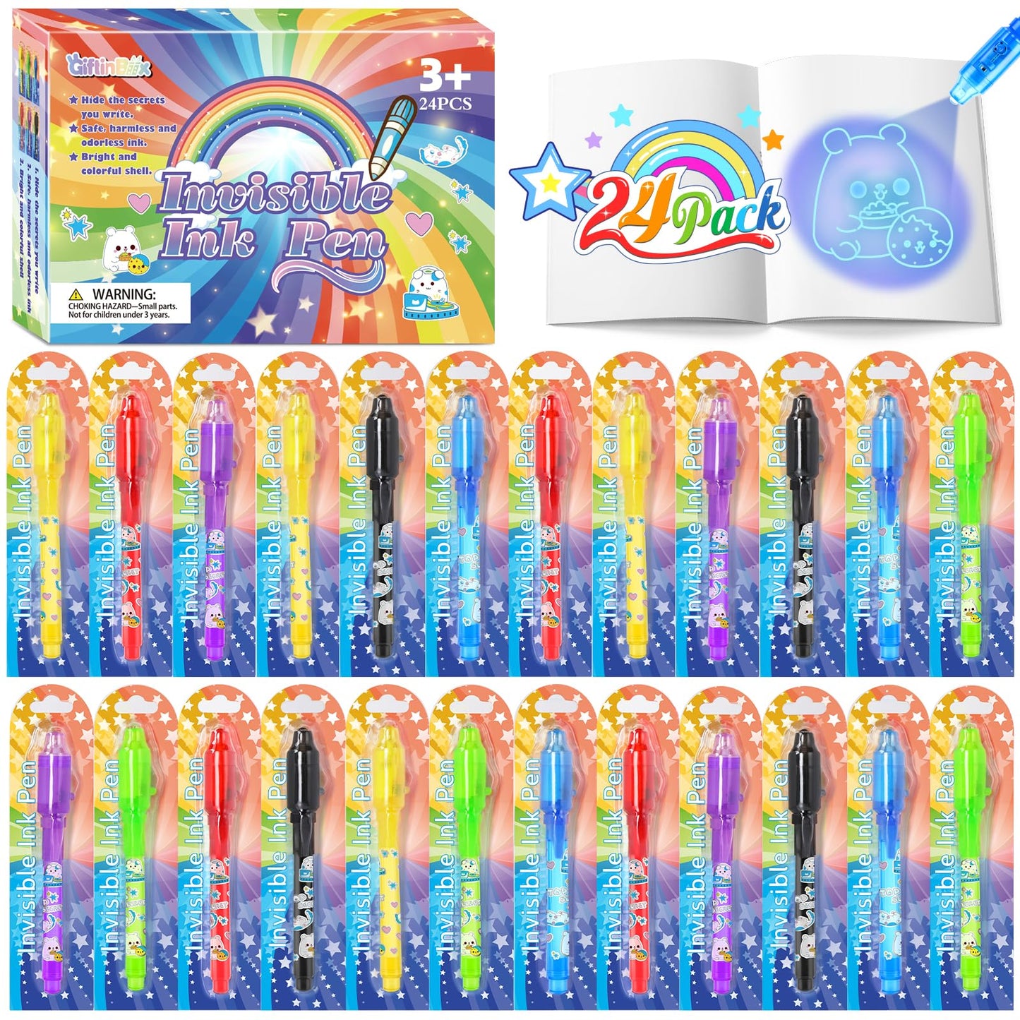 GIFTINBOX Invisible Ink Pen with UV Light for Kids, 24PCS Spy Pen Party Favors for Kids 8-12, Magic Marker for Secret Message, S