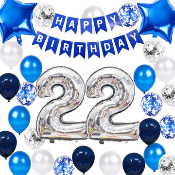 22Nd Birthday Party Decoration Blue For Him, Happy Birthday Banner Blue Number 22 Birthday Star Foil Balloons Latex Confetti Bal
