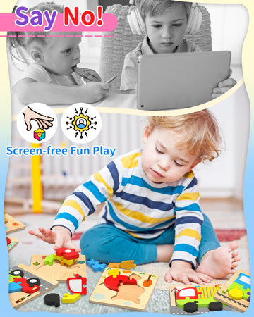 Wooden Puzzles Toddler Toys For 1 2 3 Years Old Boys Girls, 8 Vehicle Shape Learning Educational Blocks Birthday Gifts Sensory T