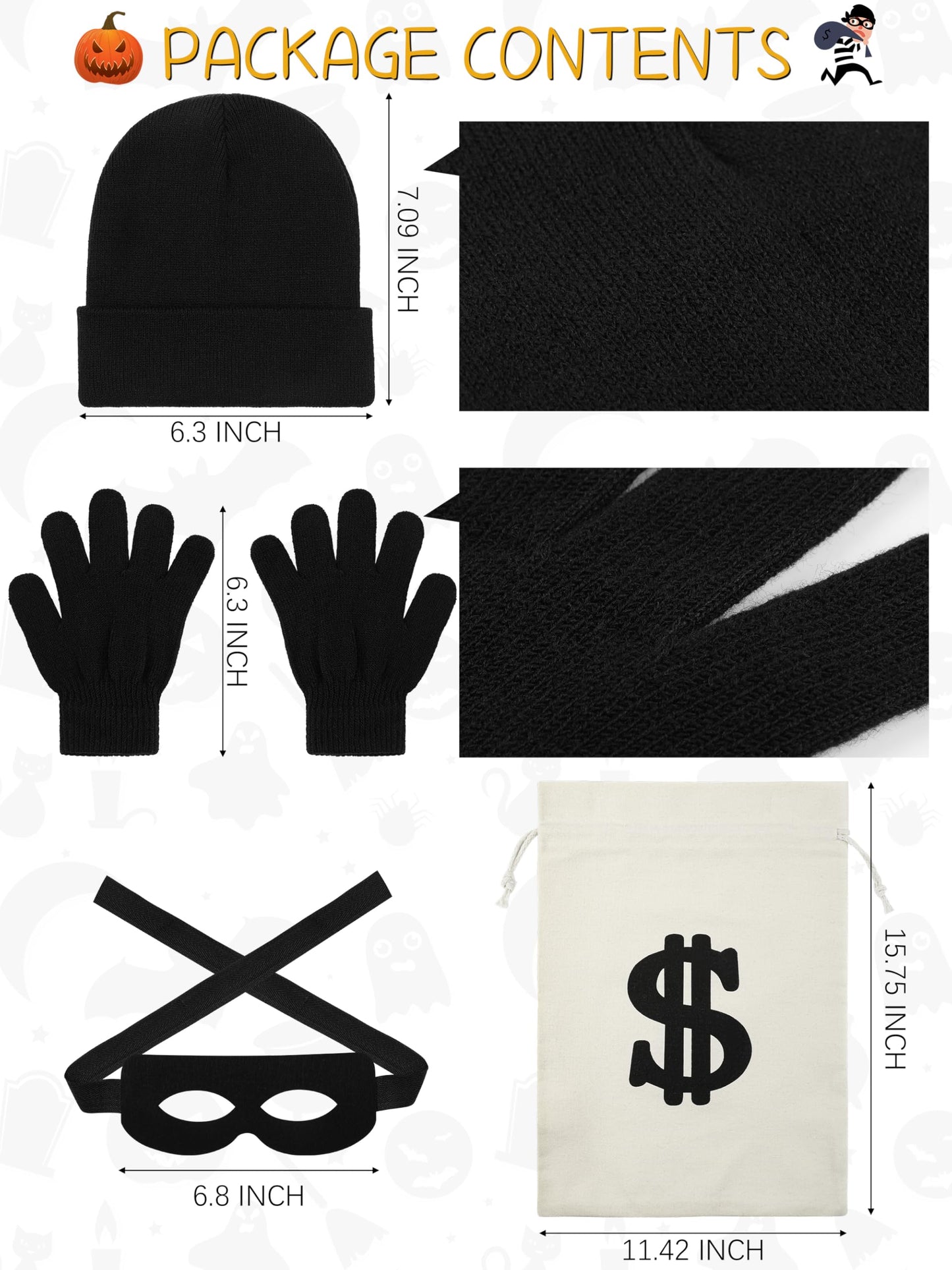 FancyFun 5 PCS Kids Halloween Costume Set  Boys Robber Costume Cosplay Set Burglar Accessories Striped Shirt Beanie Cap Mask 8-10Y