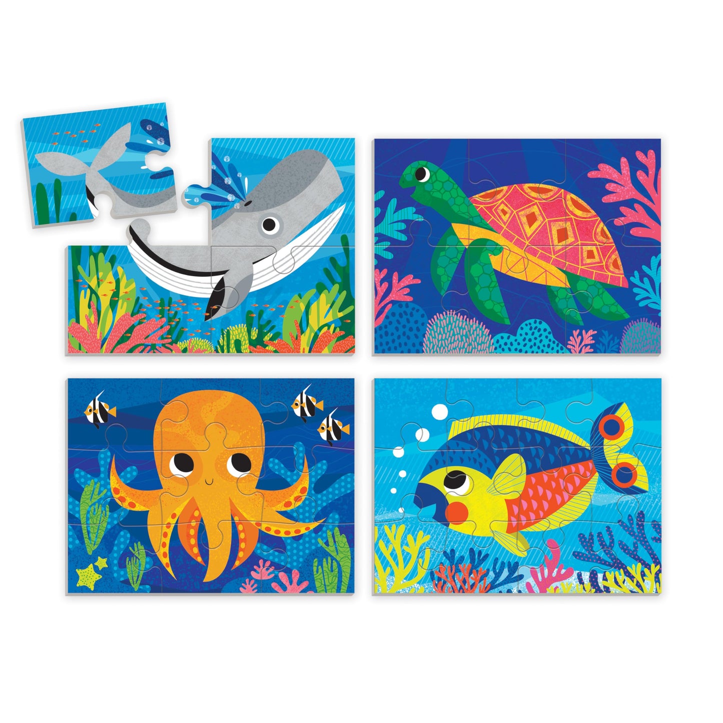 Mudpuppy Ocean Friends 4-In-A-Box Puzzle Set From Mudpuppy, Includes 4 Progressive Jigsaw Puzzles For Kids With 4-12 Pieces, Col