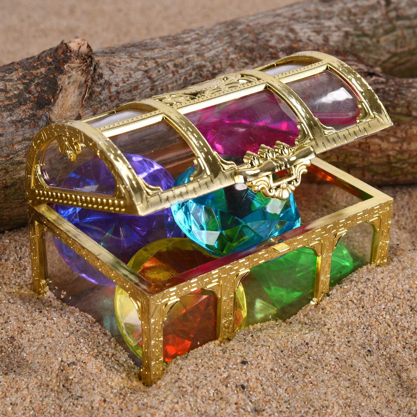 Diving Gem Pool Toy 6 Big Colorful Diamonds Set With Treasure Pirate Box Summer Swimming Toys Dive Throw Underwater For Use Treasures Gift Sets (Golden)
