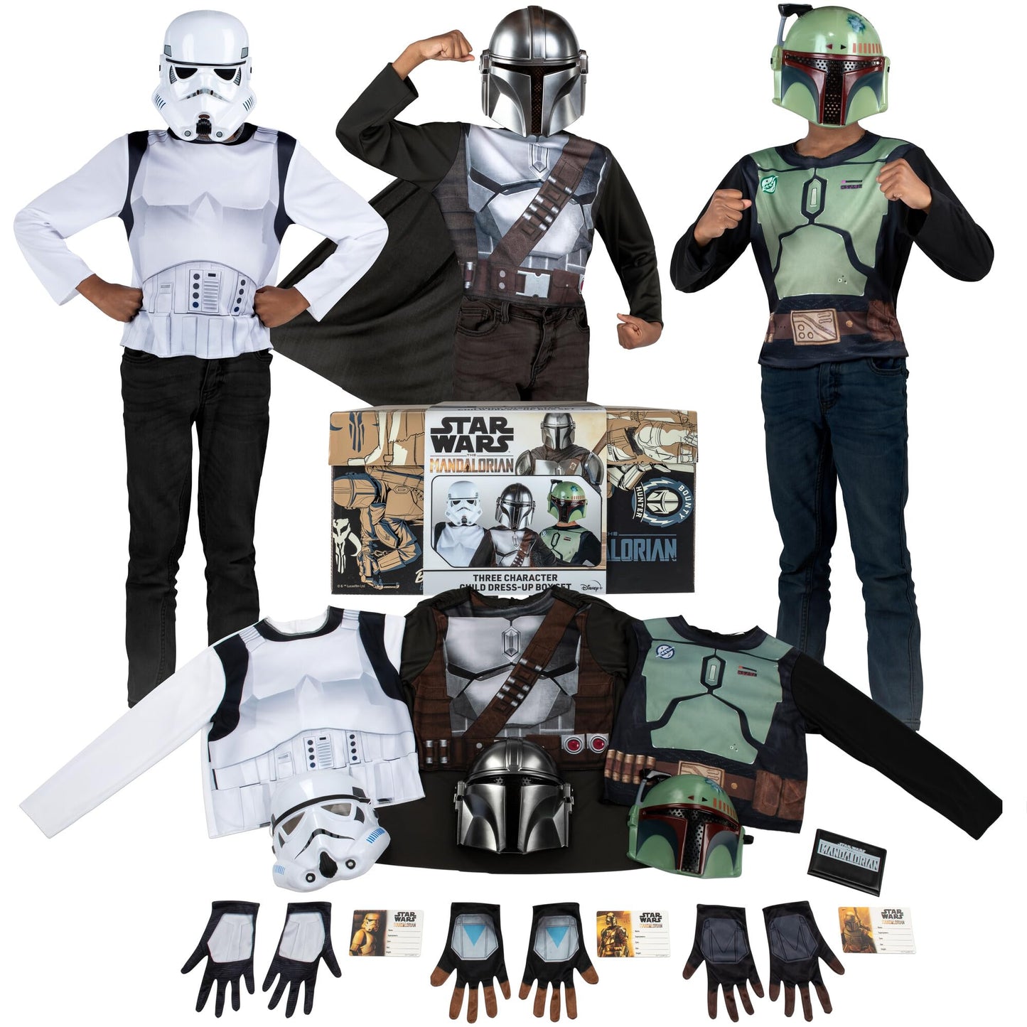 Star Wars The Mandalorian Official Youth Dress-Up Box - Tops, Gloves And Masks Of The Mandalorian, Boba Fett And Stormtrooper Multi