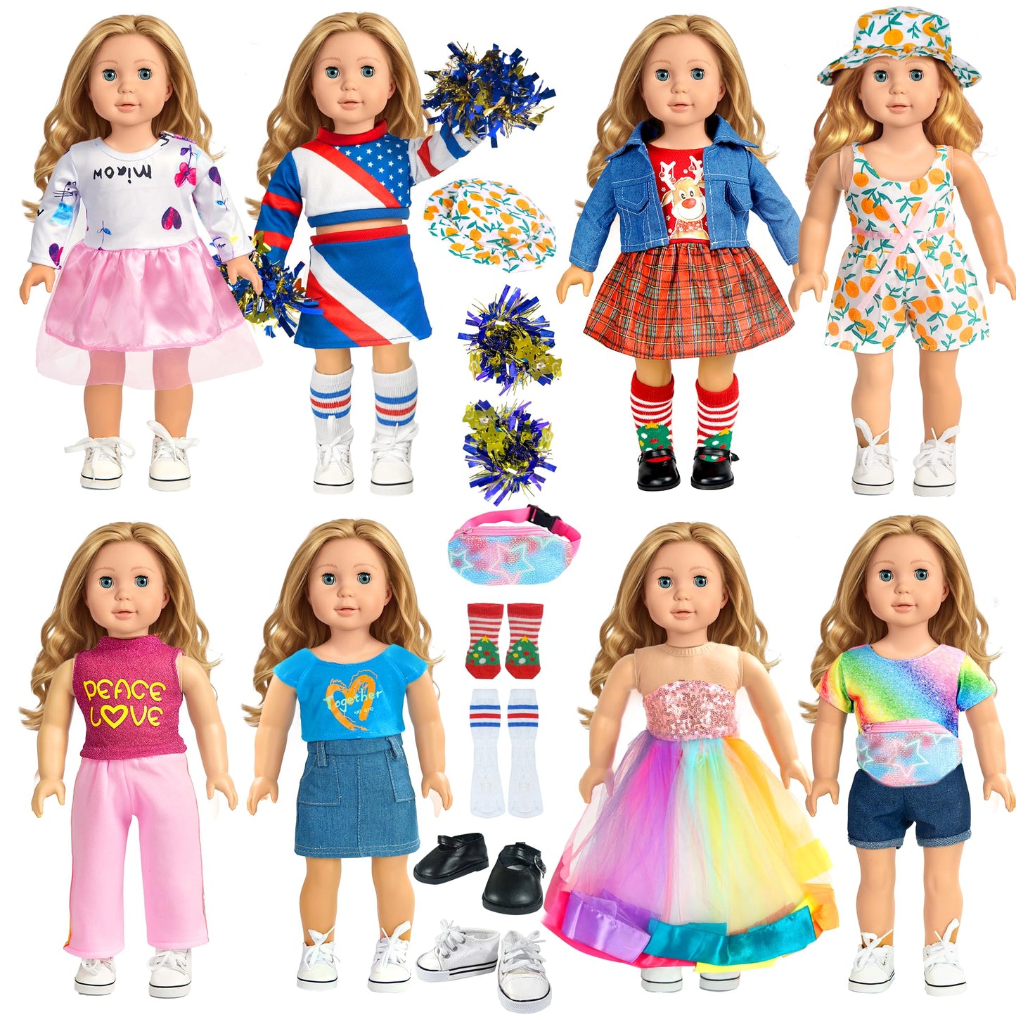 18-Inch-Doll-Clothes-Accessories Artst 18 Doll Accessories American Doll Clothing Dress Outfit Set With Hat Shoes Socks Waistbag For Girls