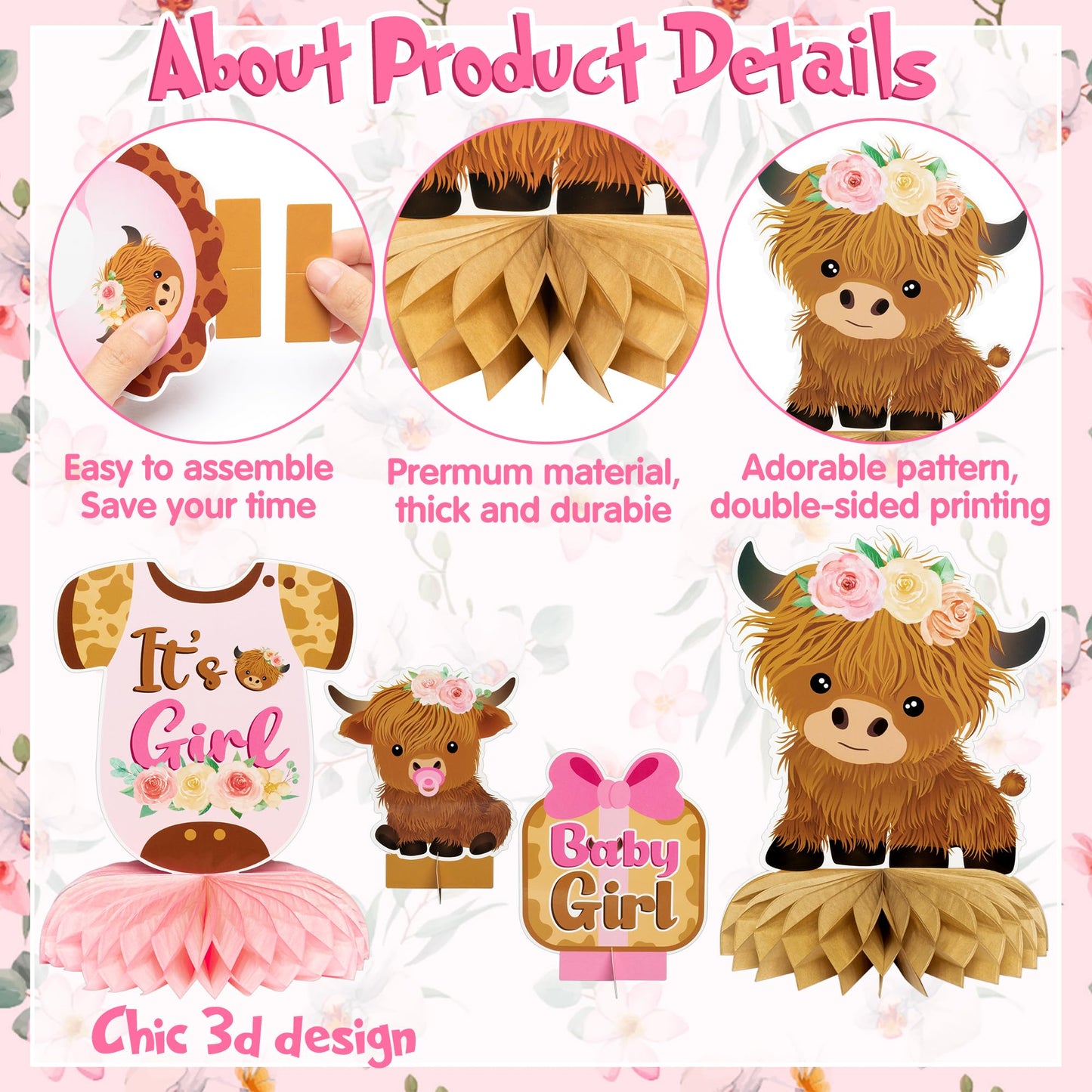 12Pcs Pink Highland Cow Honeycomb Centerpieces Floral Highland Cattle Baby Shower Party Table Decoration Its a Girl Gender Reve