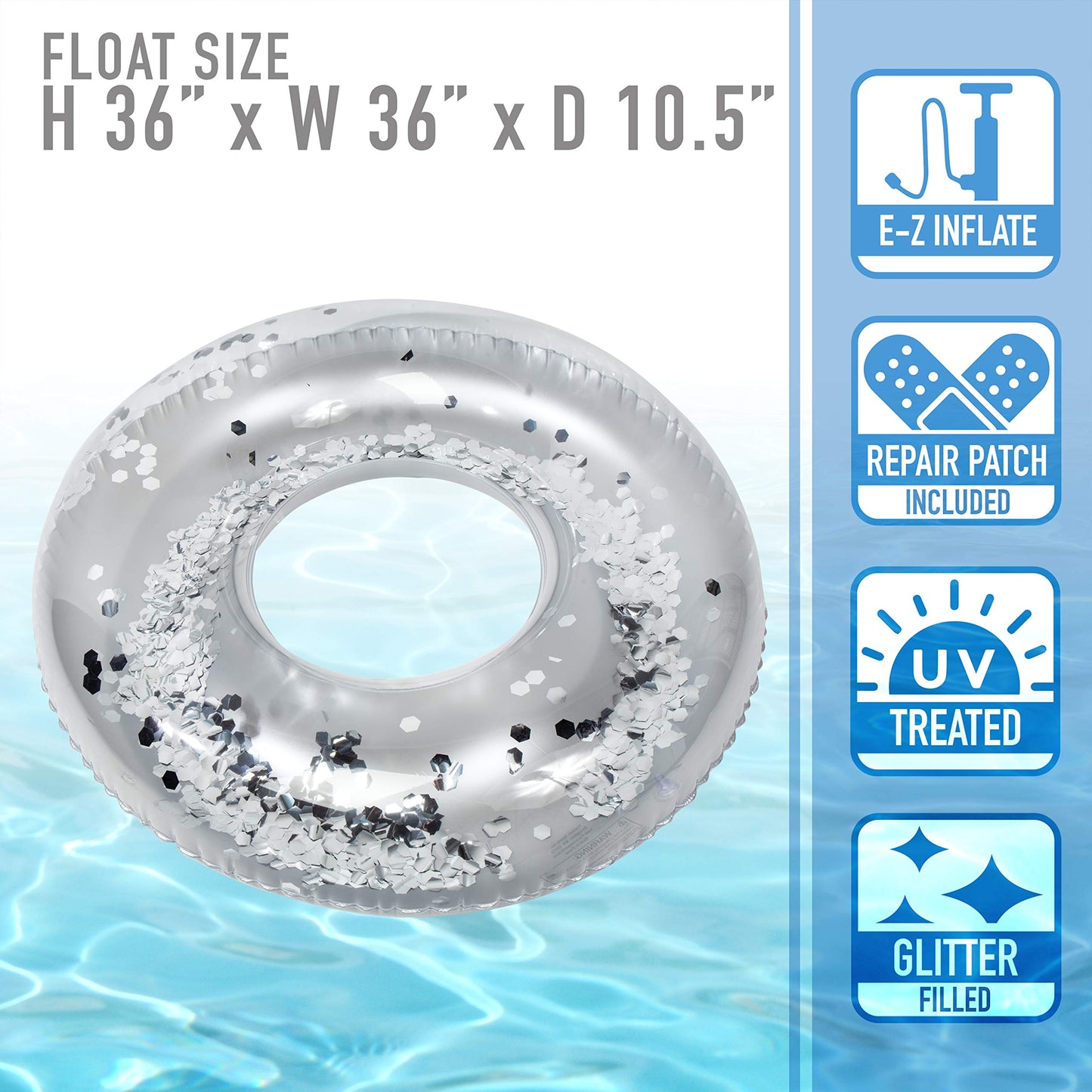 Franklin Sports Pool Float - Glitter Pool Tube - Inflatable Pool Raft - mature-themed Pool Float - 36 Inch - Pool Float - mature-themed - Lounge Float - Ring Pool - Kids - Silver (91041XB)