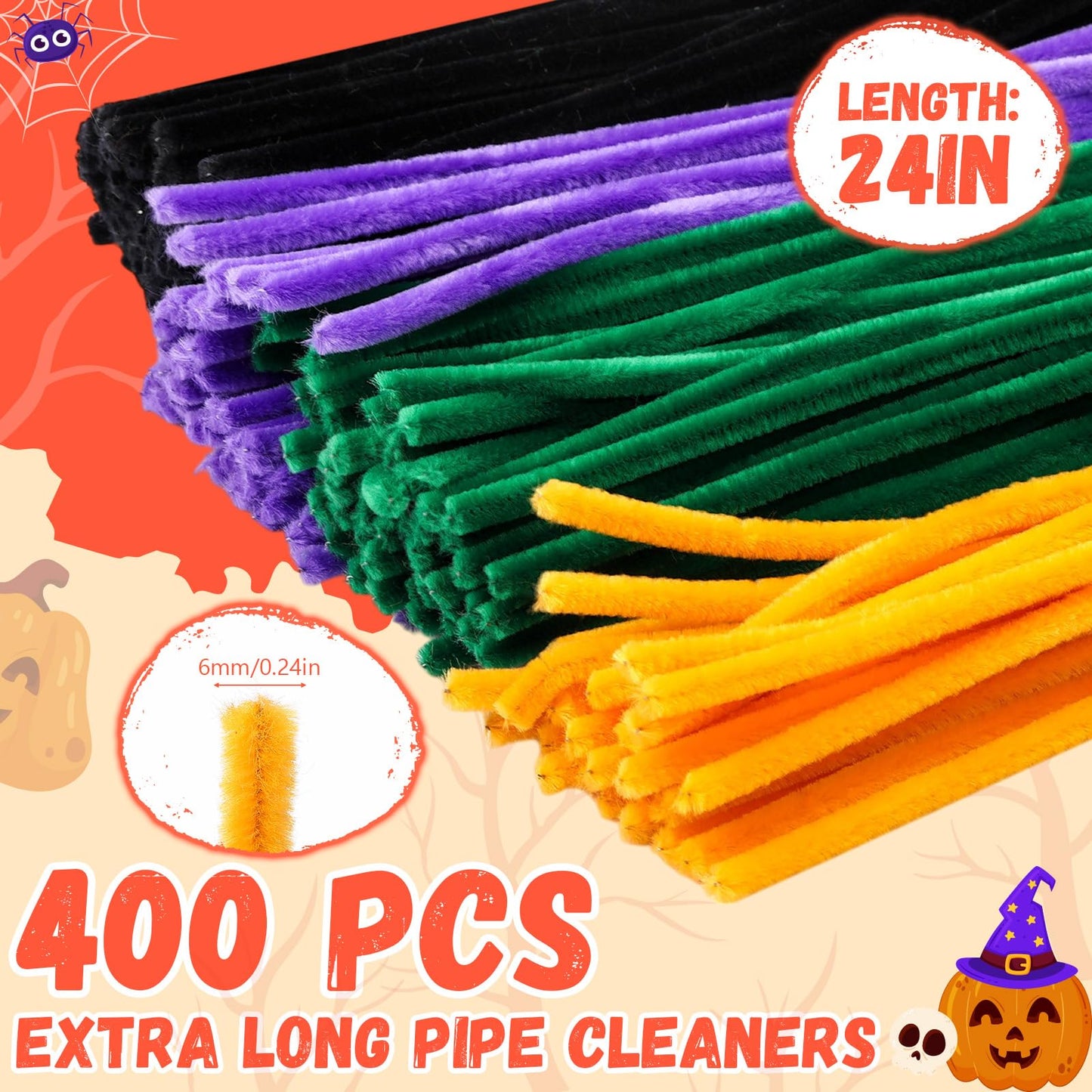 RoundFunny 400 Pcs 24 Inch Extra Long Pipe Cleaners Chenille Stem Thick Fluffy Pipe Cleaners Craft Supplies for Halloween Arts C