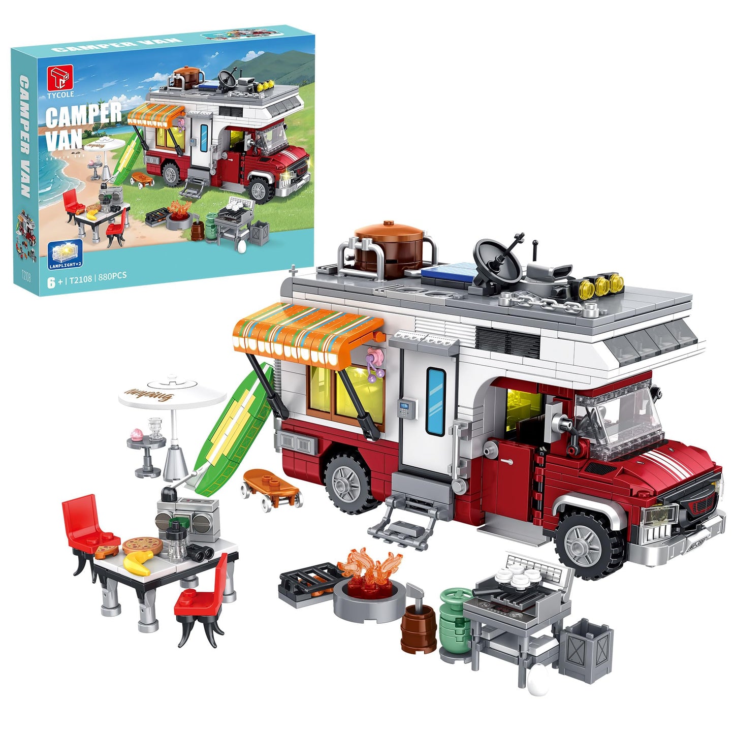 TGL TYCOLE City Camper Van Building Set - 880 pcs Plastic Toy Kit, Beach Camping Theme, RV Car Model, Red/Yellow/Black/White/Green