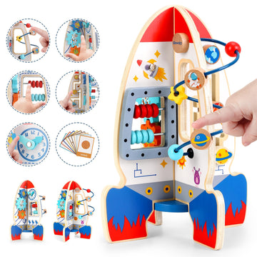Gleamkid Baby Space Rocket Wooden Activity Cube Montessori Toys, 6-In-1 Sensory And Educational Learning Toys With Bead Maze Aba