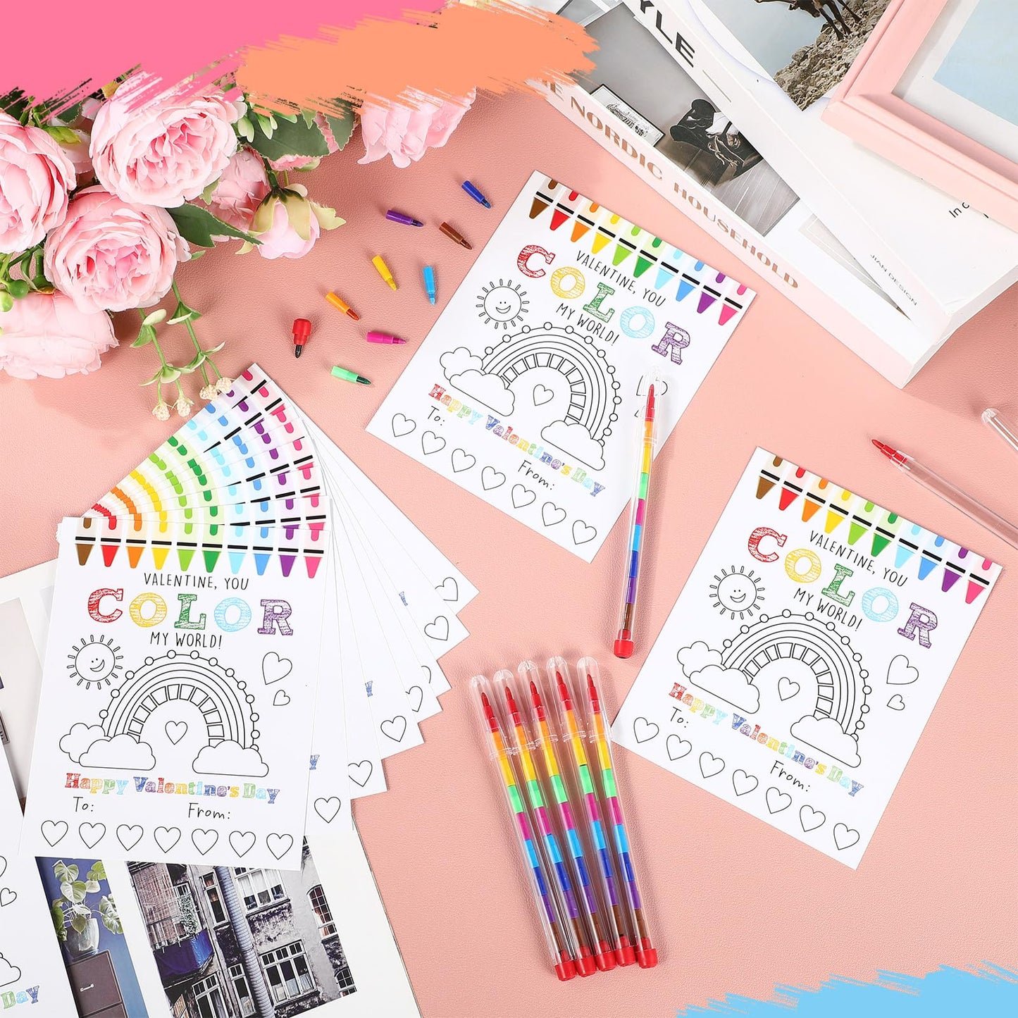 Weekgrat 24 Pcs Valentines Day Kids Gift Sets DIY Valentines Coloring Greeting Card 10 Color Stackable Crayon Valentines School