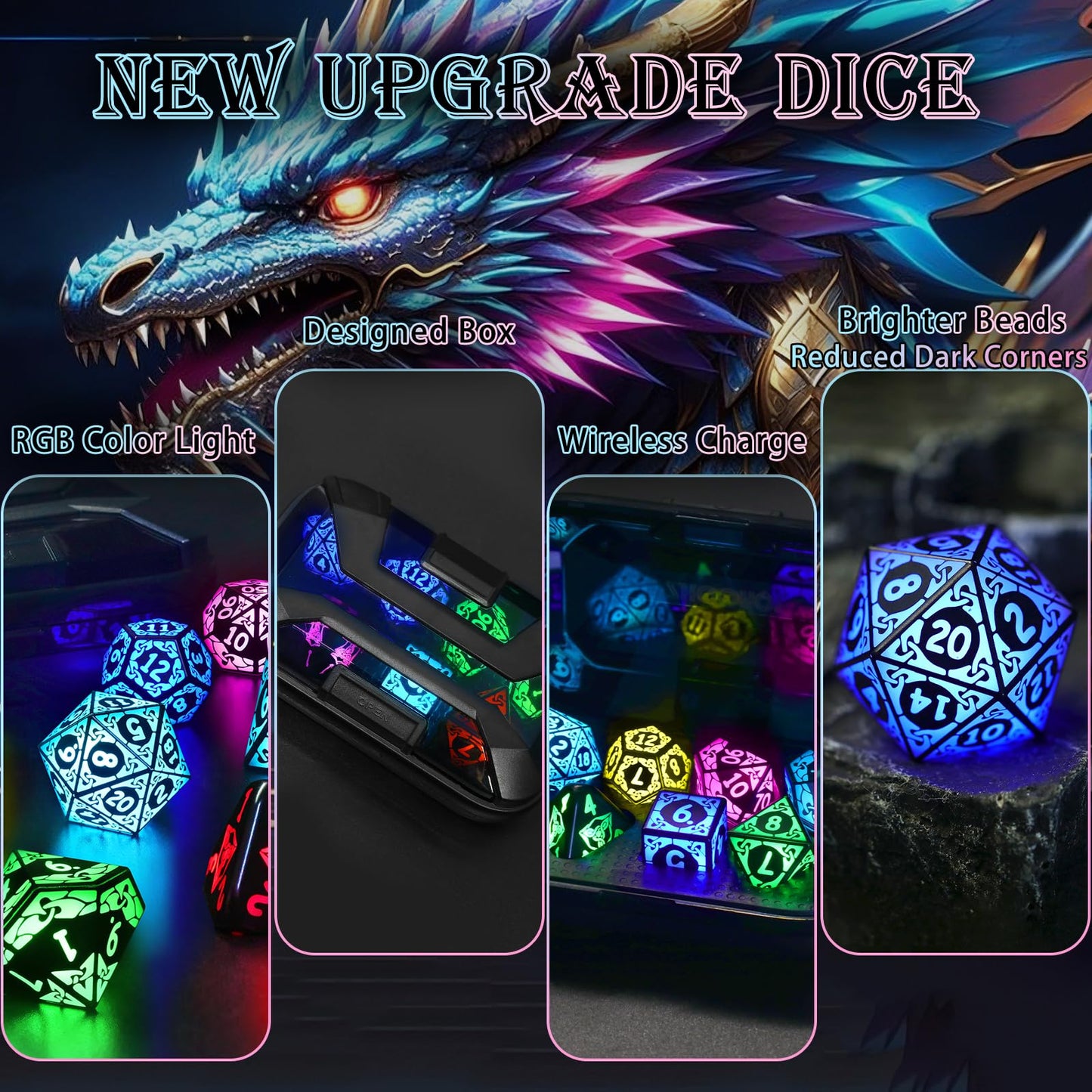 ZHOORQI LED DND Dice Set Rechargeable, Cool Light up Dice Wireless Charging for Dungeons and Dragons, Polyhedral Role Playing Di