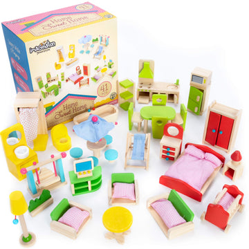 Wooden Dollhouse Furniture|Made Of Safe Wood And Bright Water-Based Paint|Compatible With Most Doll Houses|41 Pc Bundle