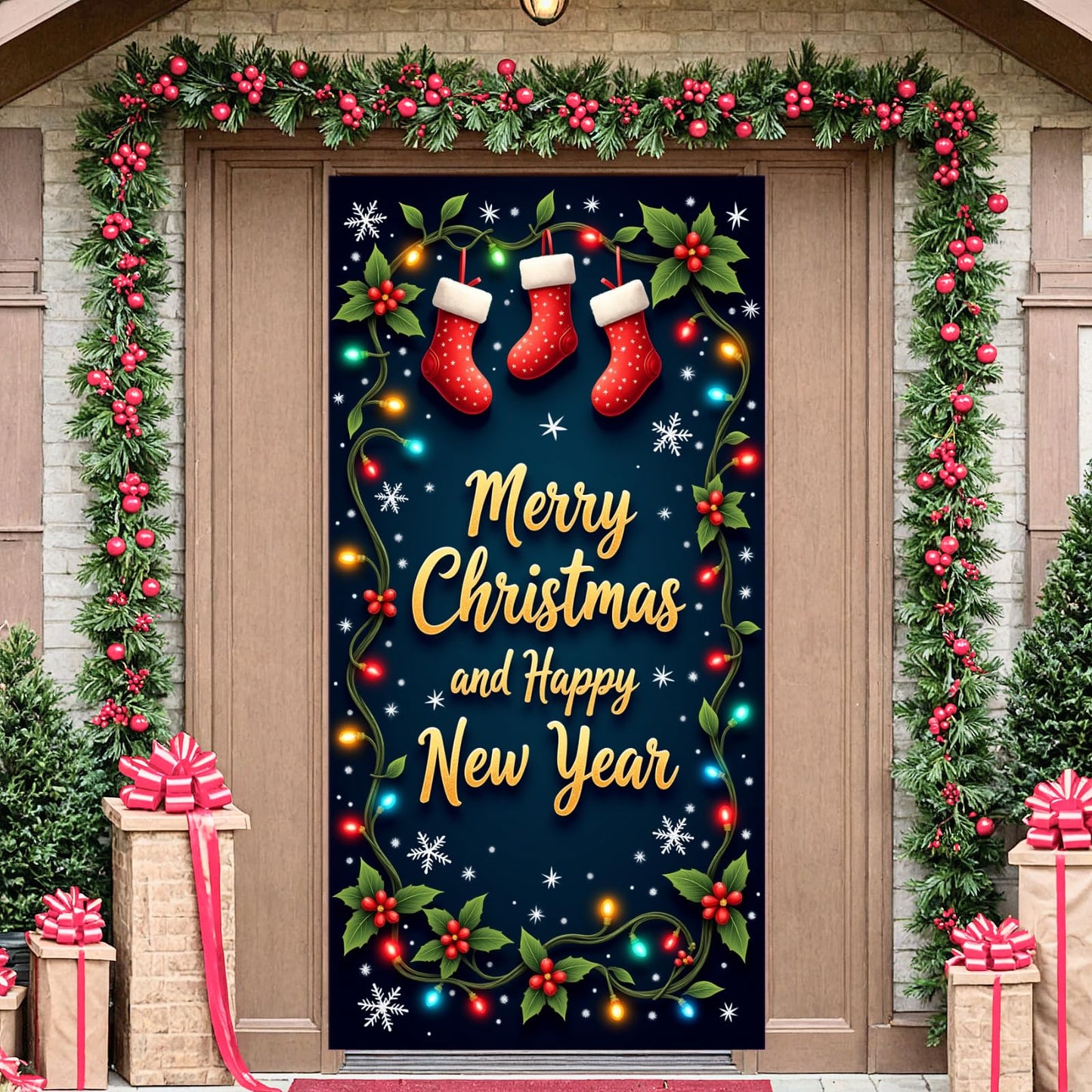 Large Merry Christmas Door Cover Christmas Stockings Door Banner Happy New Year Porch Hanging Backdrop for Xmas Party Supplies W