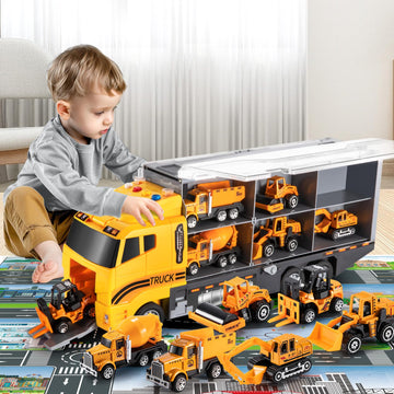 Toddler Toys for 3-9 Years Old Boys, Construction Toys Car Transport Vehicle W/Play Mat, Die-cast Alloy Engineering Vehicle Gift