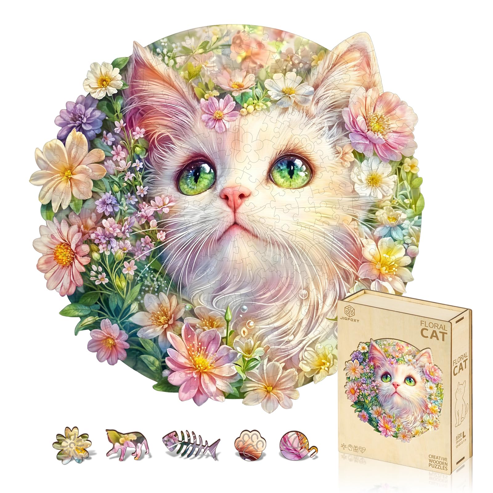 Jigfoxy Wooden Puzzles for mature-themeds  Cat in Flowers Wood Puzzles mature-themed  Unique Animal Shape Wooden Jigsaw Puzzles for mature-themeds  Birthday Gifts for Puzzle Lovers  Family  Friend (M-11.5 * 11.3in-233pcs)