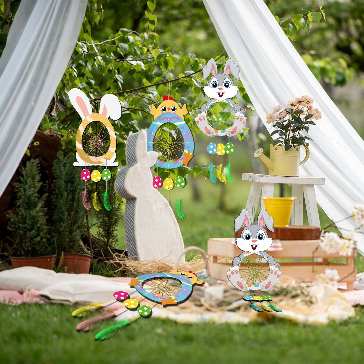 Fennoral 5 Pack Easter Dream Catcher Craft Kit For Kids Paint You Own Bunny Chick Dream Catcher Ornament Diy Coloring Wooden Eas