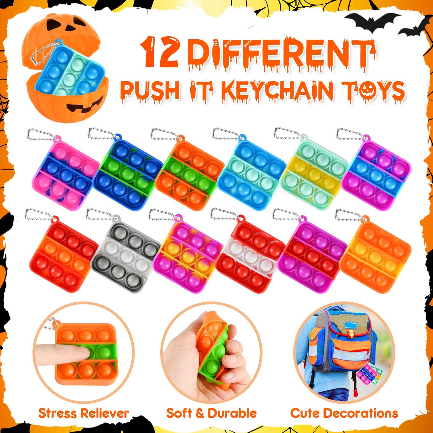 48 Halloween Toys Pack with Pumpkin Box, Halloween Party Favors Gifts for Kids, Squishy Mochi Toys in Bulk with Bubble Push it K