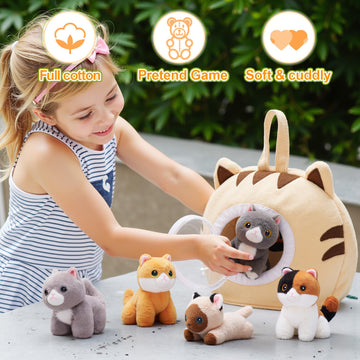 Ouozzz Cat Stuffed Animal House – Plush Kitten Toy Set With 4 Soft Cats – Interactive & Travel-Friendly Playset For Toddlers & Kids – Huggable, Portable Birthday Gift For Baby Infant