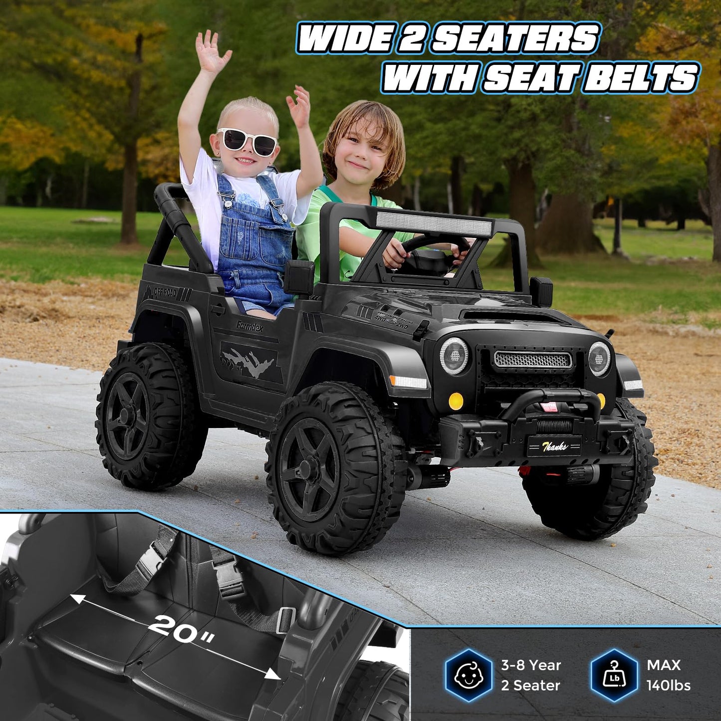 Hikole 24 Volt Ride On Toys For Big Kids, 2 Seater Ride On Cars With Remote Control, 4  200W Motors, Suspension, Led Lights, Wir