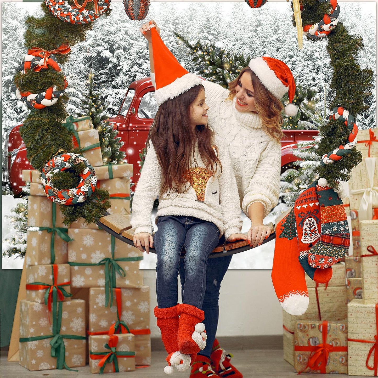 Avezano Christmas Red Truck Backdrop Christmas Backdrops for Photography Xmas Winter Holiday Family Kids Portraits Backdrops Pho