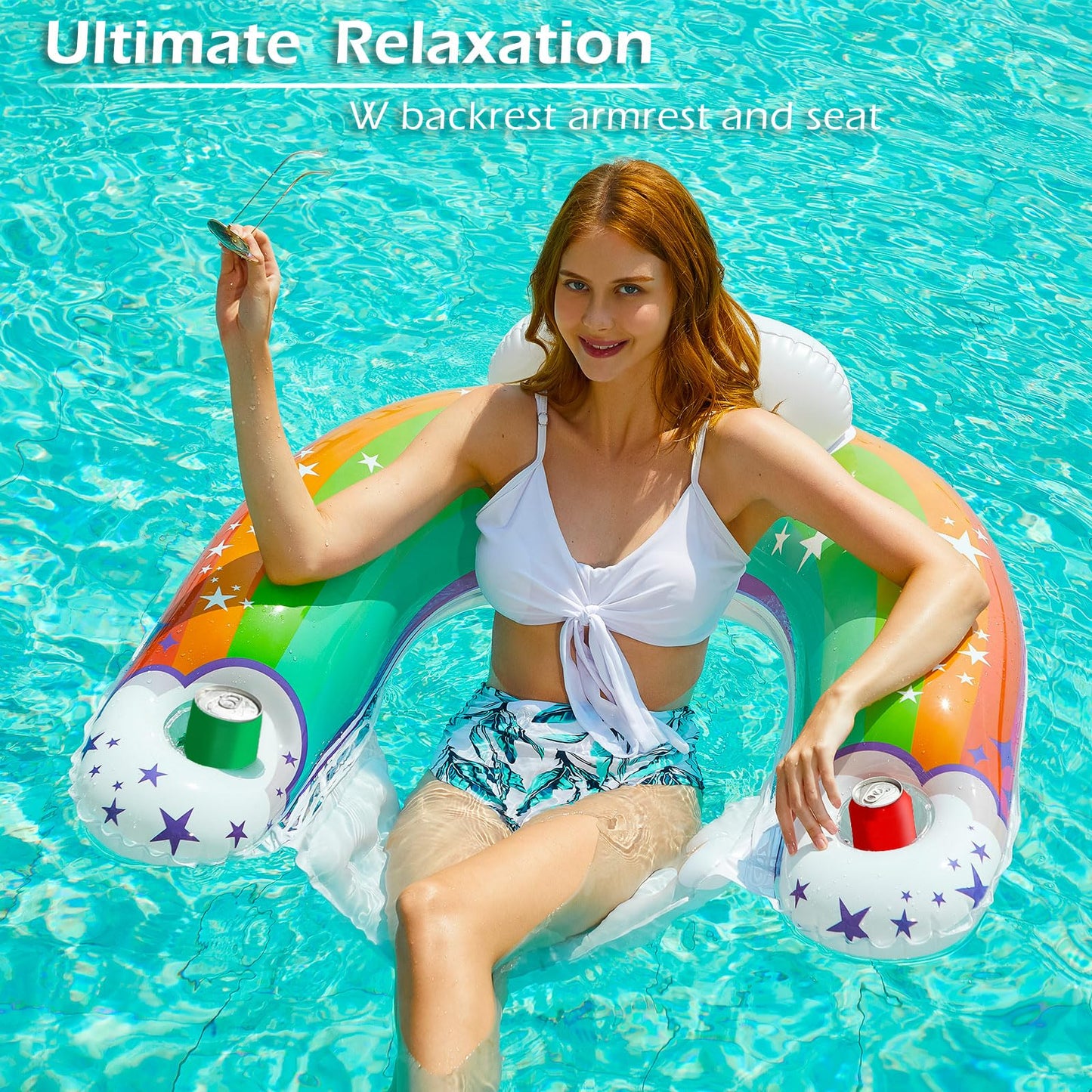 Jasonwell Inflatable Pool Float Chair - Pool Floaties Floating Pool Chair Lounge Floats For Swimming Pool Water Chair Pool Lounger With Cup Holder Pool Toy Party Floaty Adults (Rainbow-L)