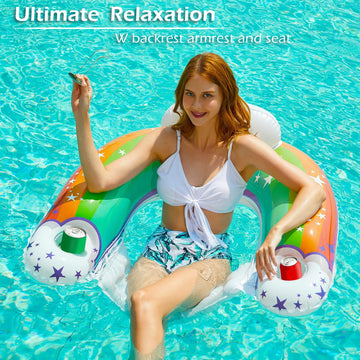 Jasonwell Inflatable Pool Float Chair - Pool Floaties Floating Pool Chair Lounge Floats For Swimming Pool Water Chair Pool Lounger With Cup Holder Pool Toy Party Floaty Adults (Rainbow-L)