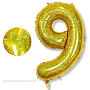 Laser Gold Number 9 Balloons, Giant Foil Balloons 0-9 Set For Women Anniversary Party Decor, Self Inflating Globos Dorados Heliu