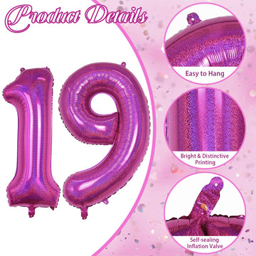 19Th Birthday Laser Hot Pink Balloons, Large Foil Number 19 Balloons For Women Anniversary Decor, 40'' Self Inflating Bright Pin