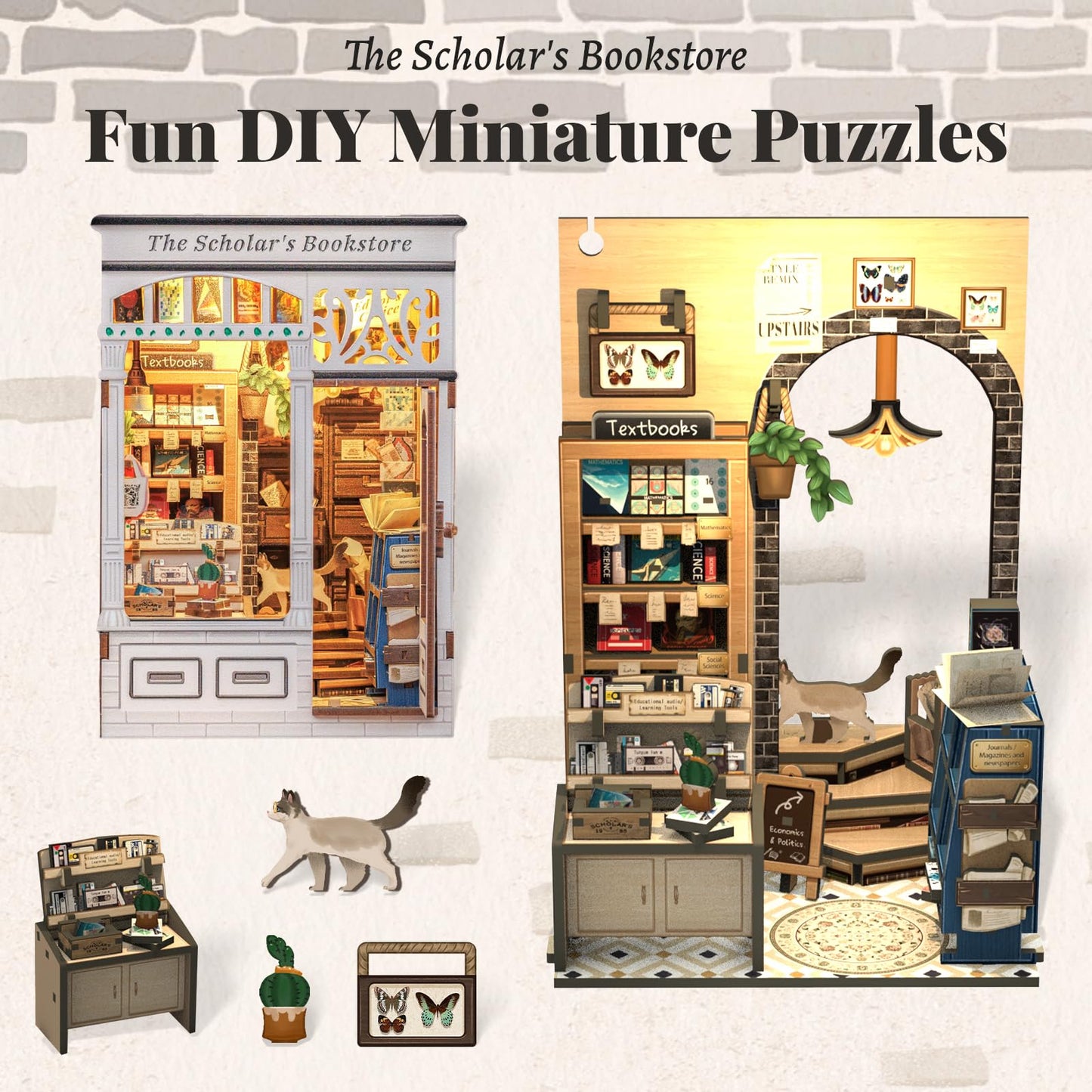 Fsolis Book Nook Kit - DIY Miniature Dollhouse Kit 3D Puzzles for mature-themeds Tiny House Mini Booknook Craft Bookshelf Decor  168 Wooden Pieces  Gifts for Women Book Lovers(The Scholar 's Bookstore)