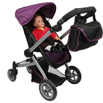Mommy & Me Babyboo Foldable Doll Stroller With Swiveling Wheels, Doll Pram With Basket, Convertible Seat, Adjustable Handle And Free Carriage Bag - Purple Black