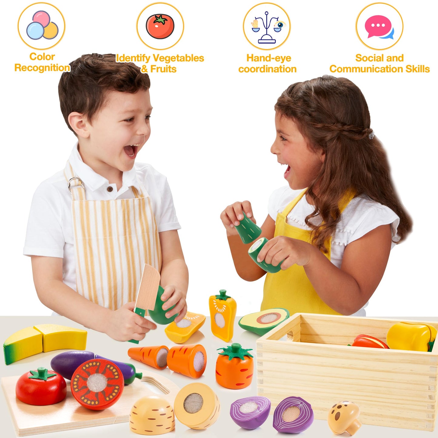 Wooden Play Food Set for Kids Kitchen | Velcro Chopping Veggies & Fruits Toy Food Set with Storage Case & Bag, Play Kitchen Acce
