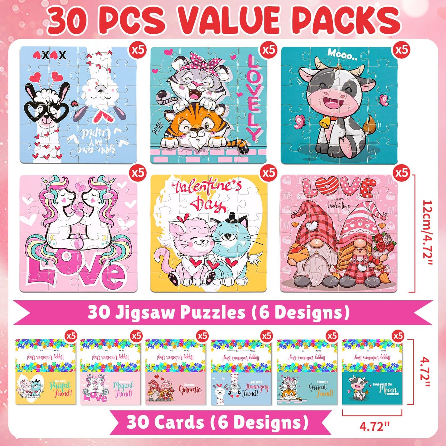 MOVINPE 30 Pack Valentines Day Jigsaw Puzzles with Cards - Multicolored Classroom Exchange Gifts for Kids
