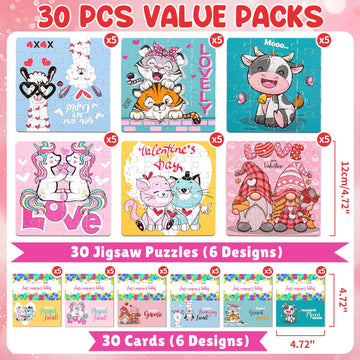 MOVINPE 30 Pack Valentines Day Jigsaw Puzzles with Cards - Multicolored Classroom Exchange Gifts for Kids