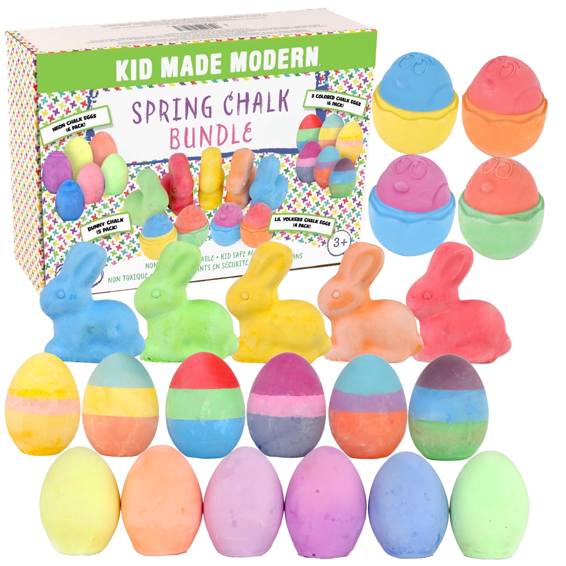 Kid Made Modern Ultimate Sidewalk Spring Chalk Bundle - 6 Neon, 6 Colored, 4 Lil Yolkers Eggs & 5 Bunny Chalks - Dustless, Washa