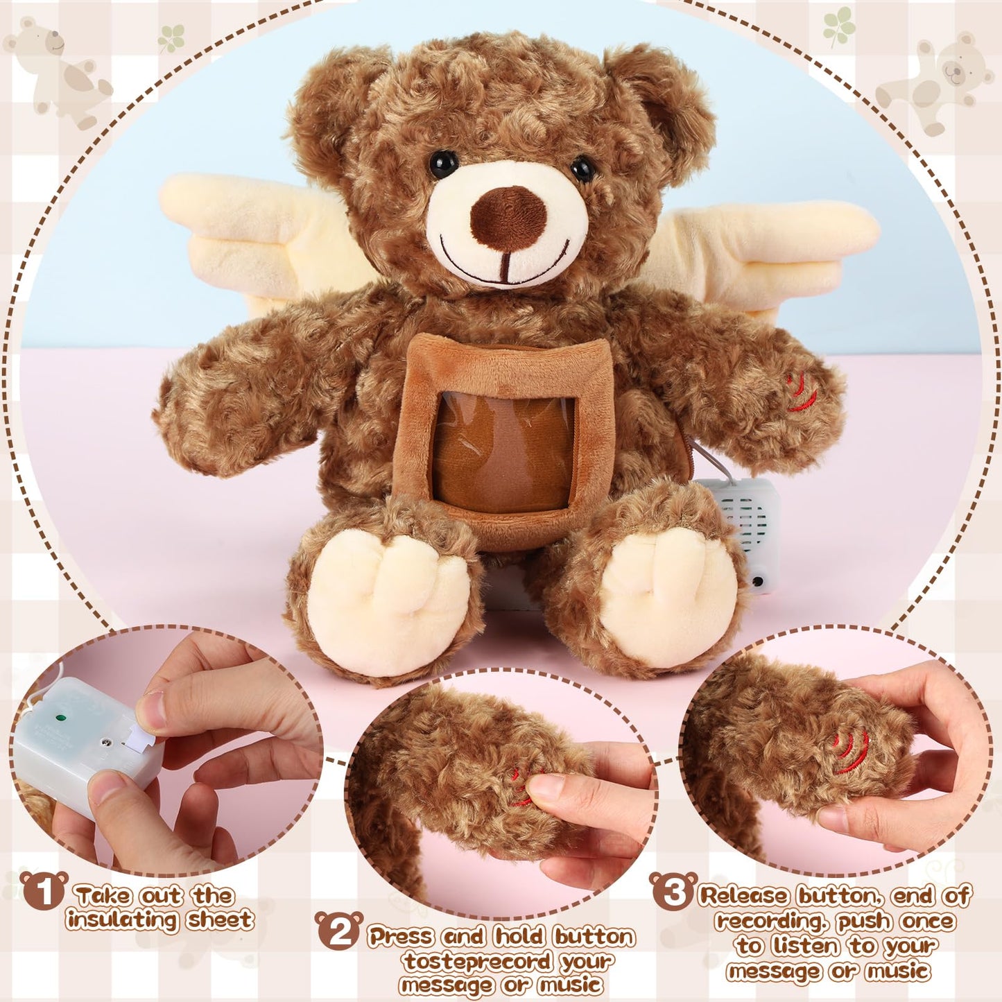 Leyndo Angel Remembrance Bear Plush Stuffed Animal With Recorder 12 Inch Voice Recording Dolls With A Picture Frame Memorial Toy For Family Baby Shower Birthday Party Gifts(Dark Brown)