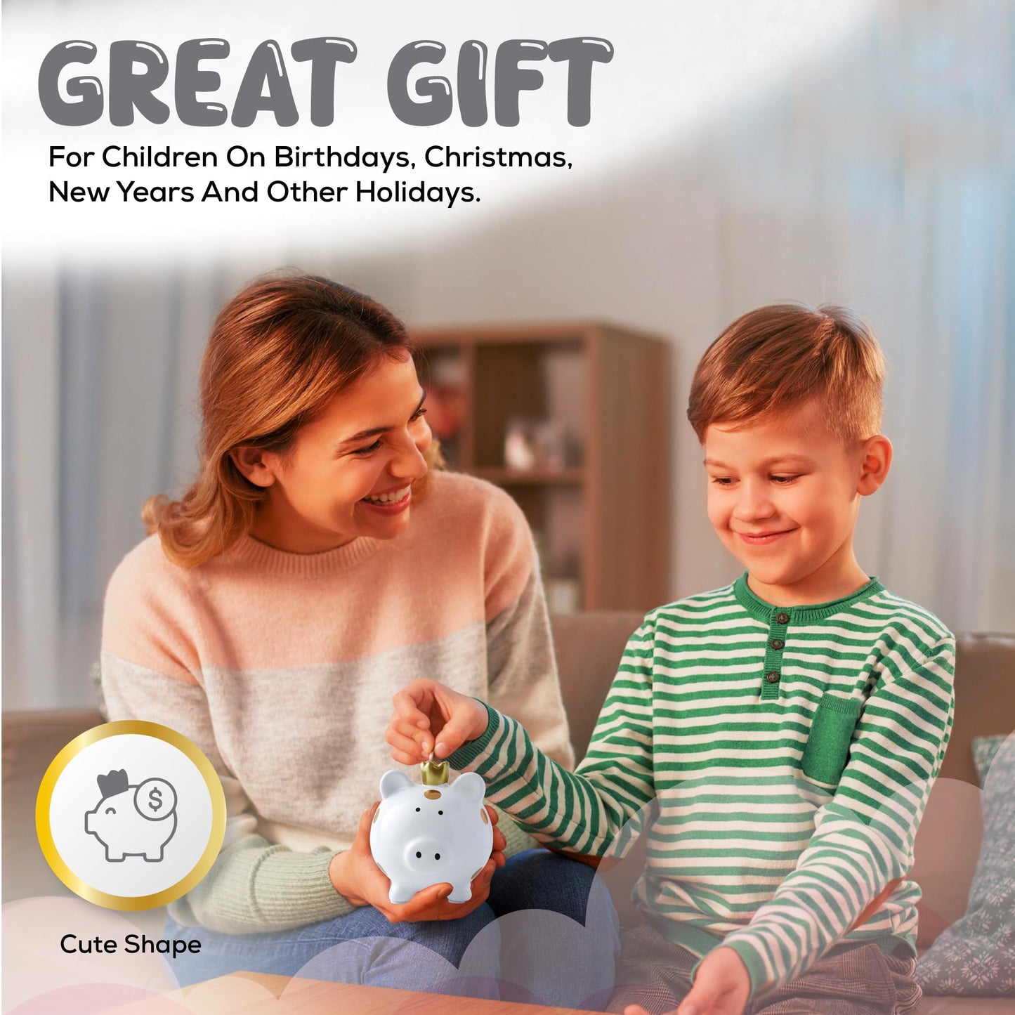 Sobeit Crown Small Porcelain Piggy Bank, Easy Access Money Saving Bank For Kids, White/4.64'L X 5.51'W X 5.19'H