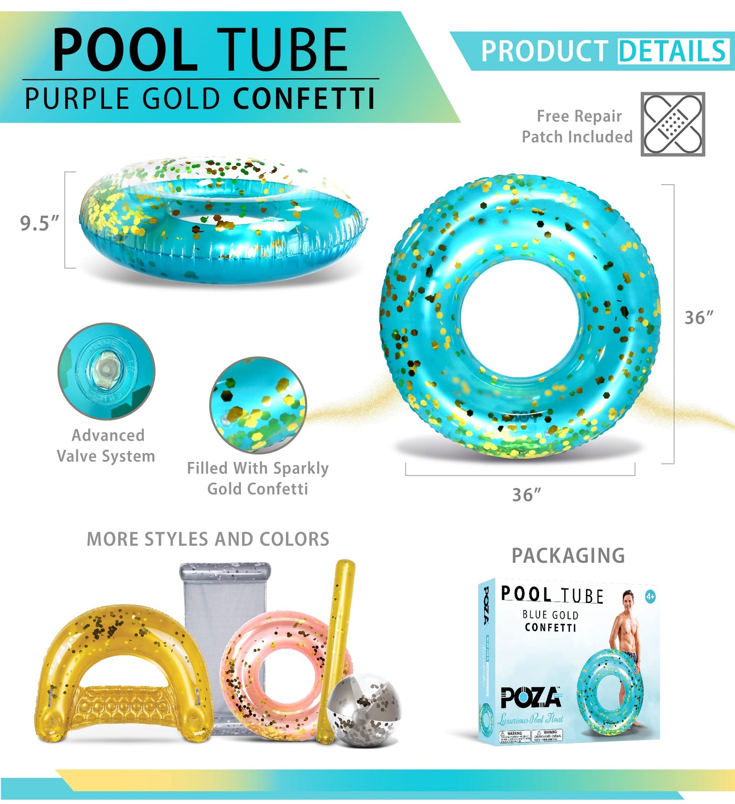 CoTa Global Inflatable Pool Float Tube - enhanced Sparkly Confetti Pool Float  Inflatable Tube Ring Pool Float for Kids and mature-themeds  Heavy Duty Pool Ring Party Float for Beach  Lake - 36 Inch  Blue Gold