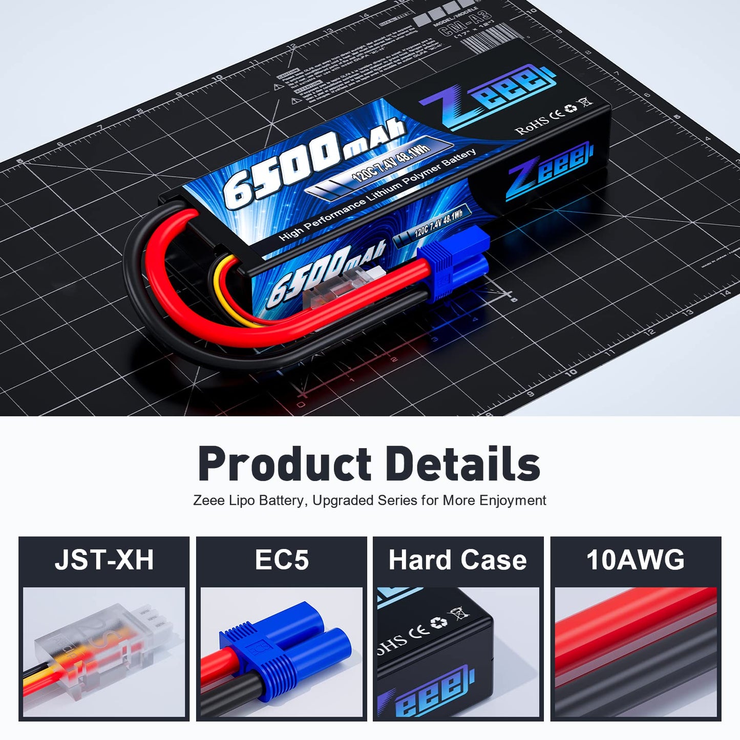 Zeee 2S Lipo Battery 6500mAh 7.4V 120C Hard Case RC Car Battery with EC5 Connector for RC Vehicles RC Truck Tank Truggy Boat Rac