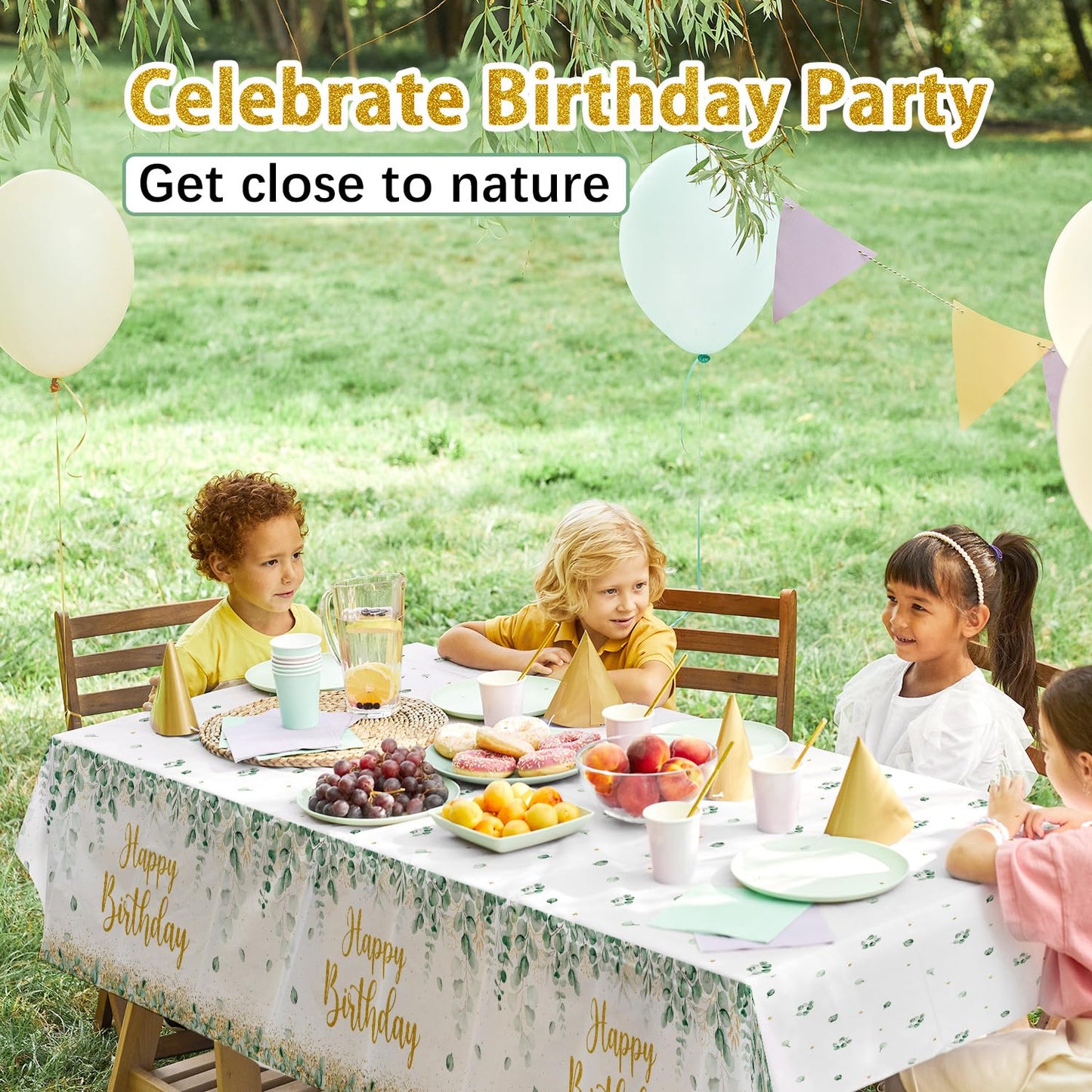 Lopeastar 3Pcs Neutral Sage Green Birthday Decorations Tablecloths, Glitter Gold Happy Birthday Table Cover, 54 x 108 Inch Large